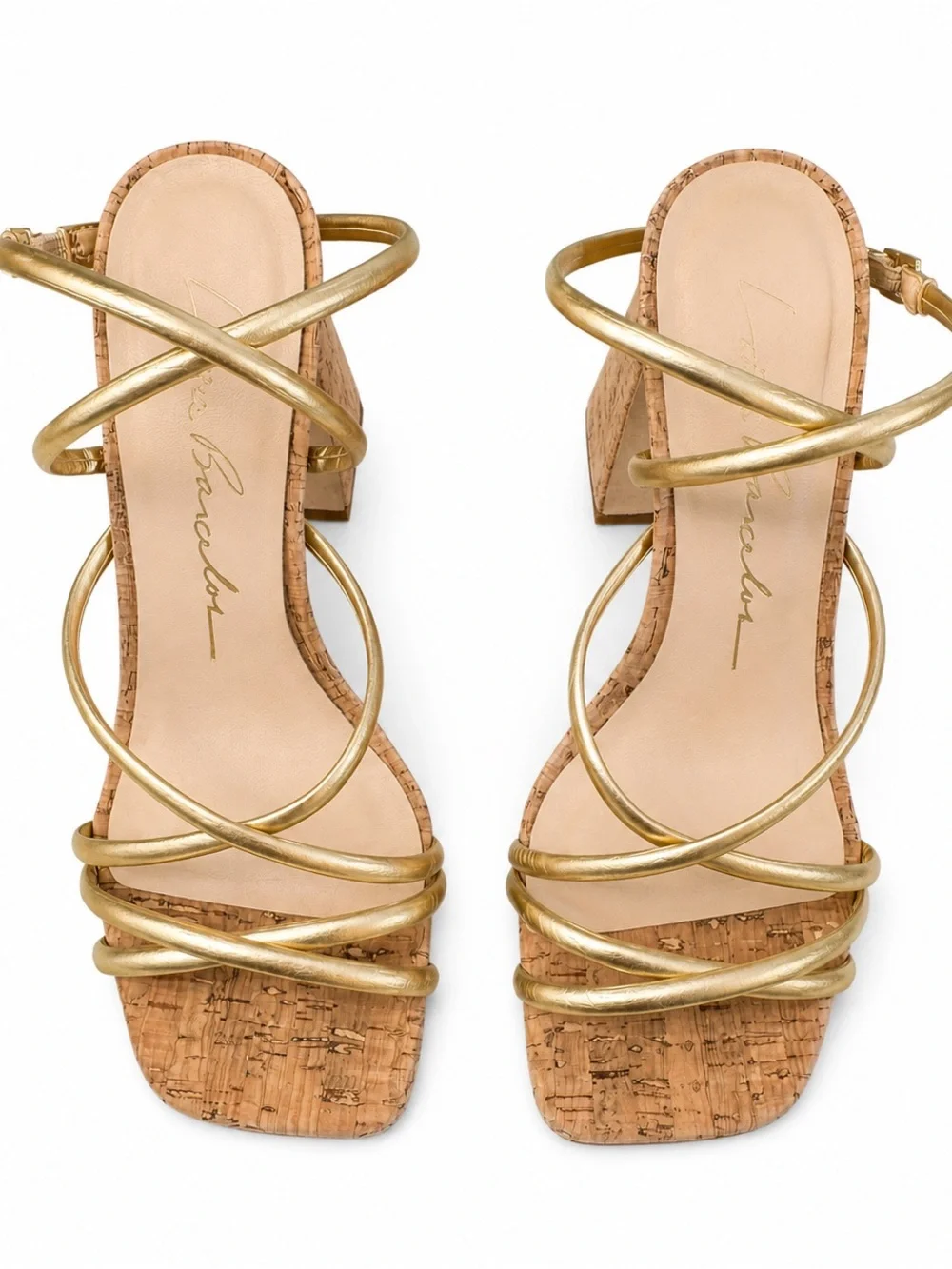 Luiza Barcelos Gold Metallic Strappy Cork Block Heel Sandals US 9